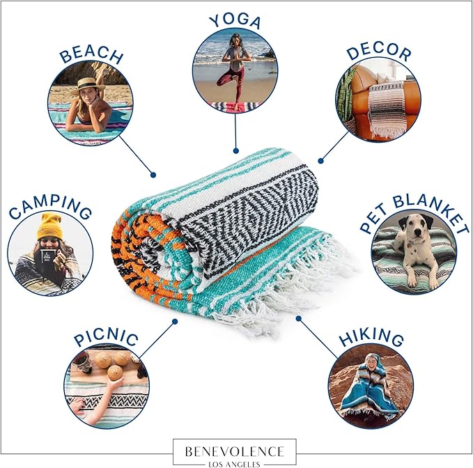Benevolence LA Authentic Handwoven Mexican Blanket | Yoga Blankets Outdoor Picnic Beach Camping | Equestrian Saddle | Serape 50x70 inches