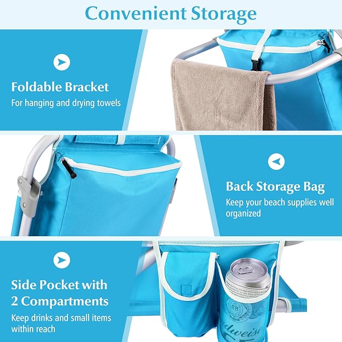 GYMAX Beach Chair 330lbs Backpack Lounger with 5-Position Backrest Storage Bag Side Pocket Towel Bar &amp Headrest Foldable Low Beach Lounge Portable Aluminum Lay Out Camp Chair (2 Light Blue)