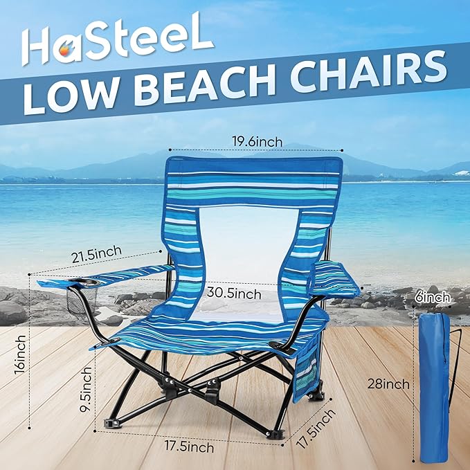 HaSteeL Folding Beach Chair Set of 2 Foldable Striped Camping Chairs for Outside Low Beach Chair Portable for Adults Fishing Picnic Outdoor BBQ Travel Sports Cup Holder &amp Storage Bag