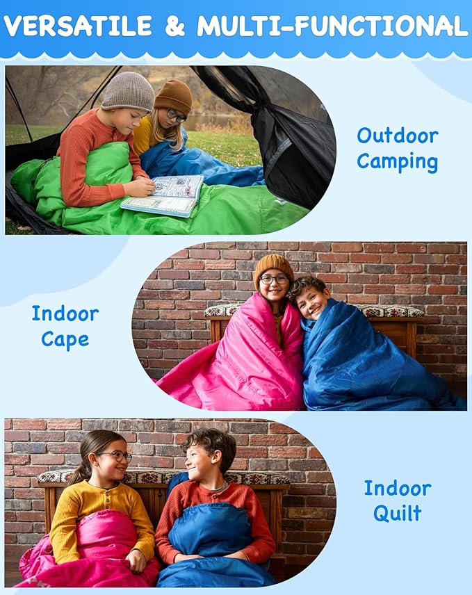 KingCamp 45°F Kids Sleeping Bag Lightweight Waterproof &amp Compact Flannel Sleeping Bags Cold Weather &amp Warm Youth Essentials Gear Accessories for Camping Fits 10-12 Children up to 4'7-5'5 T