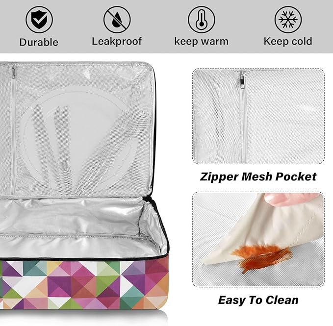 Casserole Carrier Pattern Colorful Triangles and Squares Insulated Casserole Carrier for Hot or Cold Food Thermal Lunch Tote for Parties Picnic Travel Carry Bag