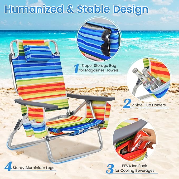 Tangkula Set of 4 Backpack Beach Chair 5-Position Lay Flat Beach Chairs with Cooler Bag 2 Cup Holders Towel Bar Lightweight Low Folding Beach Chair with Backpack Straps Yellow