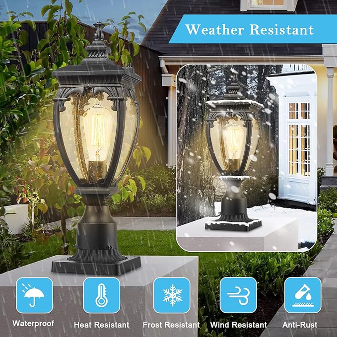 Outdoor Light Post Retro Waterproof Exterior Lamp Post Light Fixture Anti-Rust Aluminum Pole Lights Outside with Seeded Glass for Yard Garden Pathway Patio Lawn Matte Black