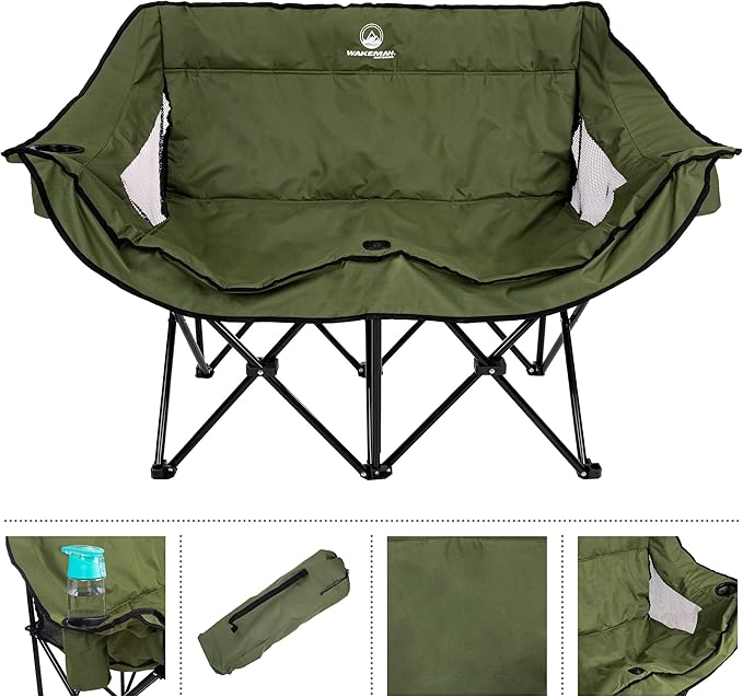 Double Camping Chair - Foldable Portable Couch with 2 Cupholders and Padded Seats - Two-Person Camp Chair with Carrying Bag by Wakeman Outdoor (Olive)