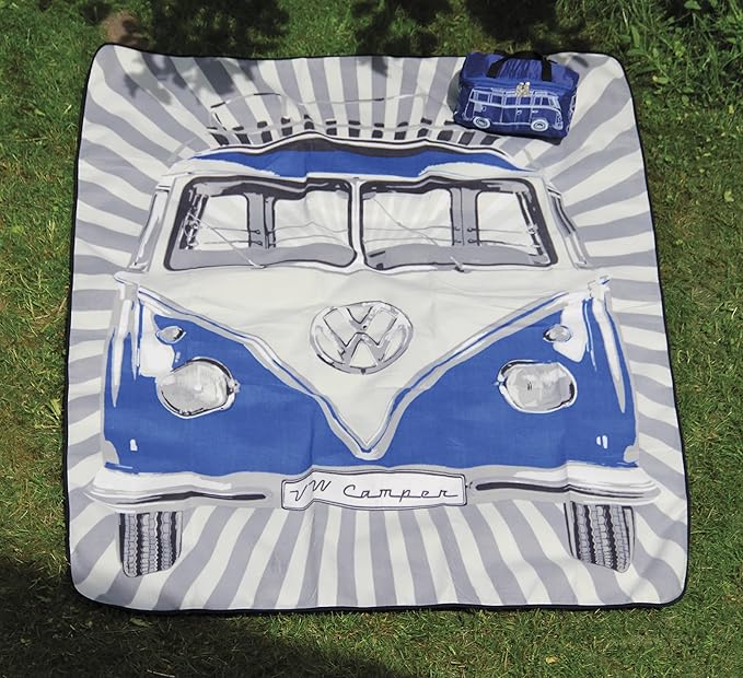 BRISA VW Collection - Volkswagen Picnic Cuddle Throw Blanket T1 Bus Campervan (Samba Stripes/Blue/200x150cm/59x78.7 in.)