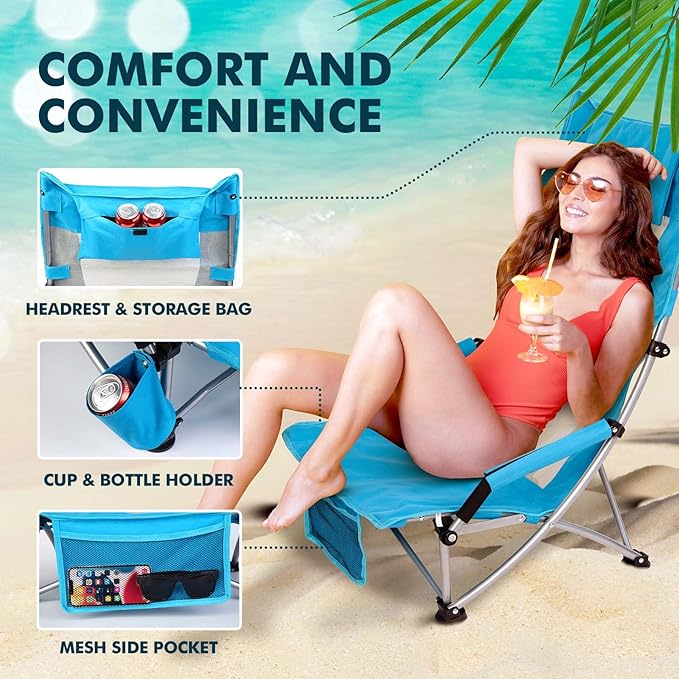 AKSOUL Folding Beach Chair for Adults: Low/High Back Chairs with Carry Bag - Extra Wide Seat Chair with Comfortable Pillow &amp Storage Pocket (1 Pack &amp 2 Pack Blue)