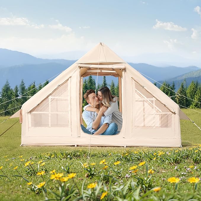 VEVOR Inflatable Tents for Camping Easy Setup Blow up Tent with Hand Pump 4 Season Glamping Tent with Stove Jack Doors &amp Mesh Windows Storage Bag Included for Easy Taking
