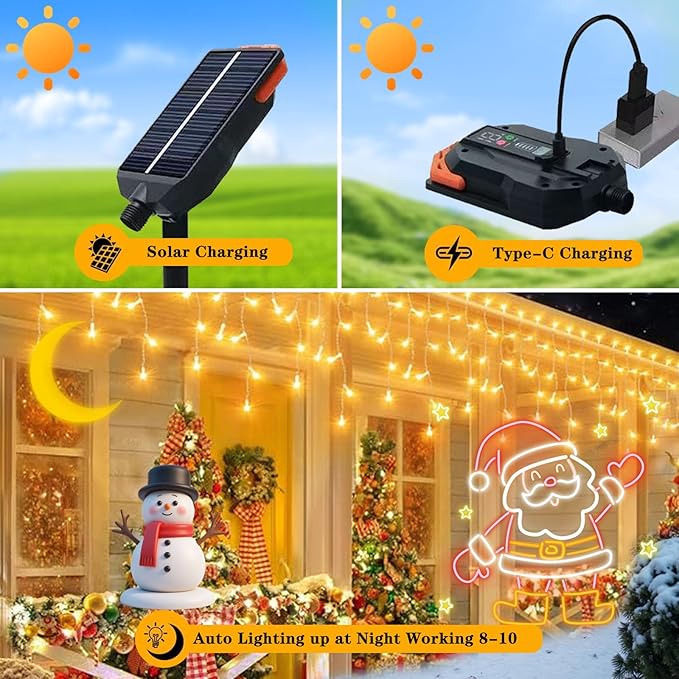 Upgraded 640LED Solar Christmas Icicle Lights Outdoor Waterproof60+16FT 13 Modes &amp USB Rechargeable Solar Powered Icicle Light for Roof House Yard Christmas Outdoor Decoration (Warm White)