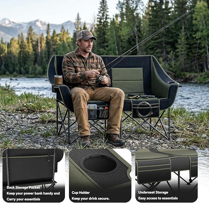 Heavy Duty Double Camping Chair with Padded Camping Loveseat – Oversized 2 Person Folding Camping Chair for AdultsPortable Camping Sofa with Cup Holders &amp Carry Bag for Outdoor Lawn Beach or Pat