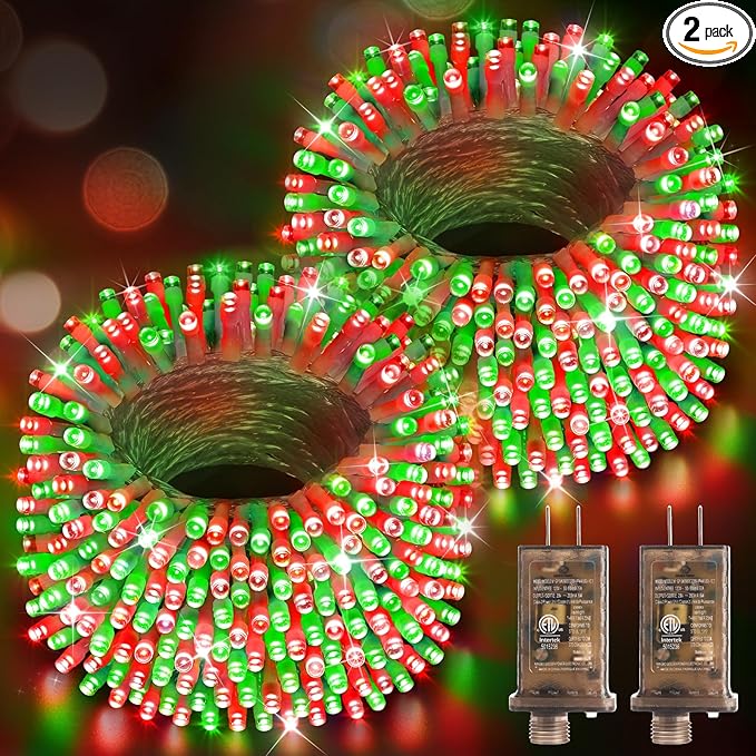 Hezbjiti 2 Pack 1000 LED 403 FT Christmas String Lights Outdoor 8 Lighting Modes IP44 Waterproof Fairy Lights with Timer and Dimmable Function for Party Tree Decorations (Red+Green Clear Wire)