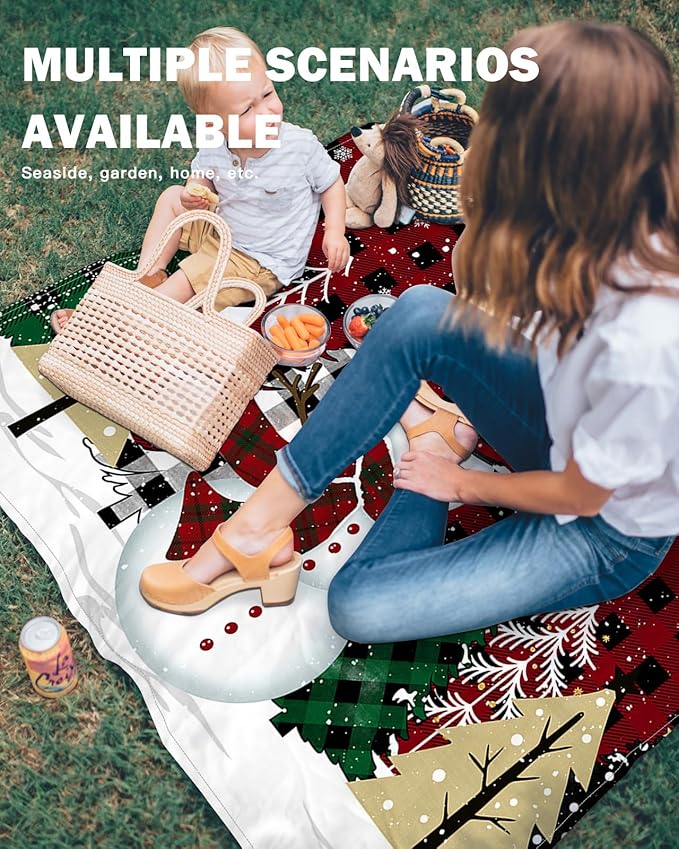 Beach Blanket Waterproof Sandproof Snowman Xmas Tree Red Black Buffalo Plaid Quick Drying Beach Mat with 4 Stakes Winter Snowflakes Lightweight Picnic Blanket for Travel Camping Outdoor 95x80
