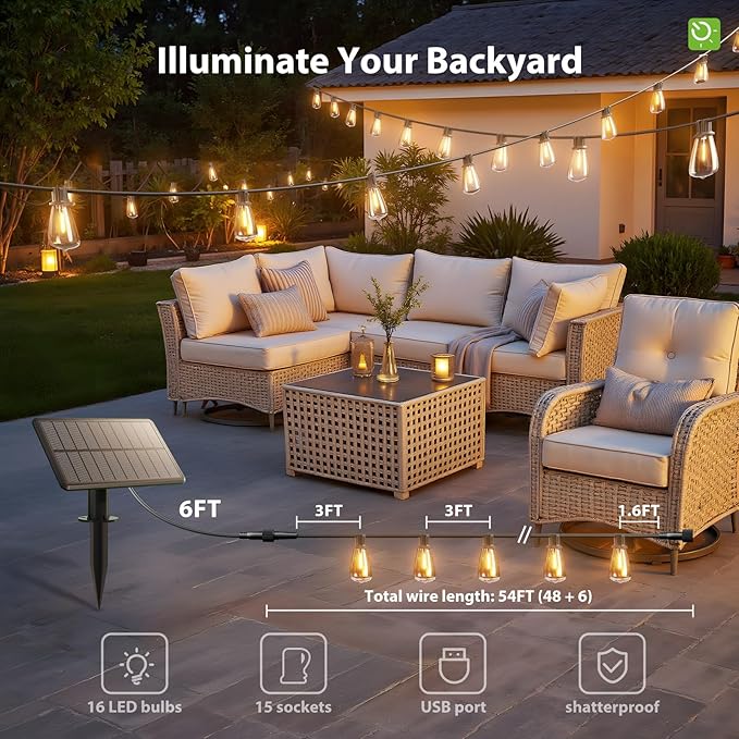 KYY 54FT Solar String Lights Outdoor Waterproof with USB Charging &amp Remote Dimmable &amp Timable Solar Powered Patio Lights with LED Shatterproof Bulbs for Deck Backyard Porch Garden Camping