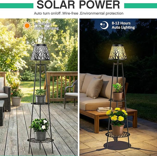 2 Pack 45.5'' Outdoor Floor Lamps with 2 Tier Plant Stand Solar Powered Metal Waterproof Lights for Patio Deck Yard Garden Porch Decor