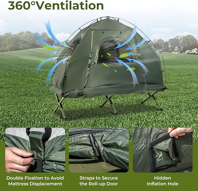GYMAX Tent Cot 5-in-1 Folding Camping Cot with Mattress &amp Pillows Sleeping Bags Sunshade Camping Tent Elevated with Carrying Bag for Outdoor Hiking Fishing Picnic