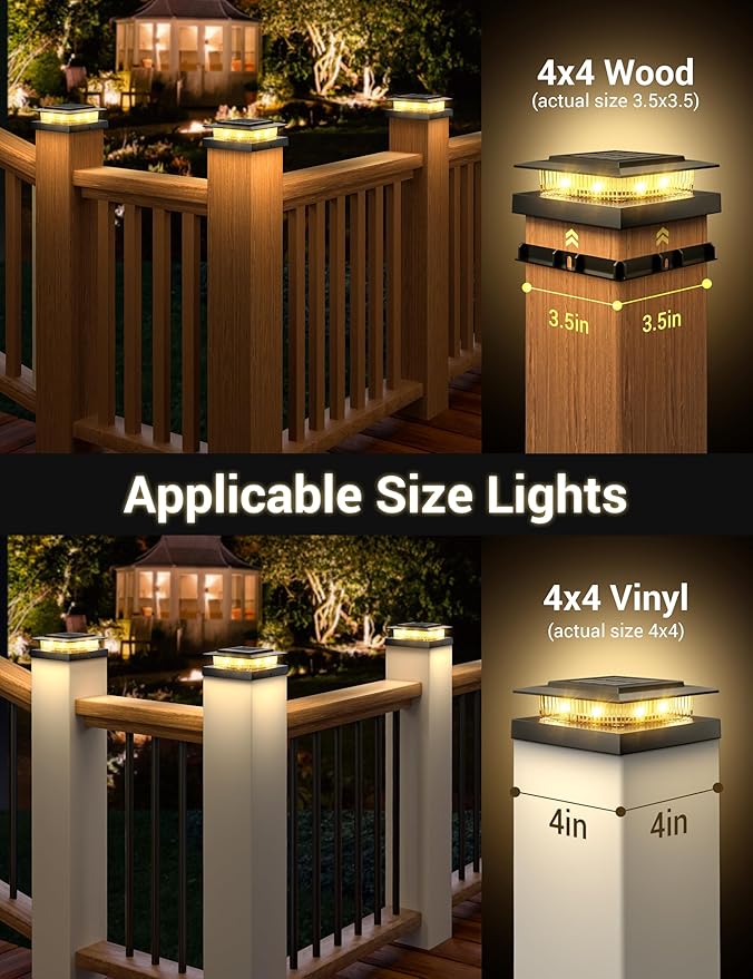 APONUO Solar Post Cap Lights for 4x4 Fence Posts IP64 Waterproof Outdoor LED Deck Lights with 2 Modes (Warm White &amp Cool White) Auto On/Off Dusk to Dawn Easy Install Black 16 Pack