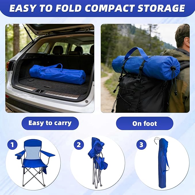 Outdoor Folding Camping Chair with Insulated Cooler Padded Seat and Back Cup Holder Storage Pockets Lightweight Portable Chair with Carry Bag for Camping Beach Lawn and Backyard (Blue)