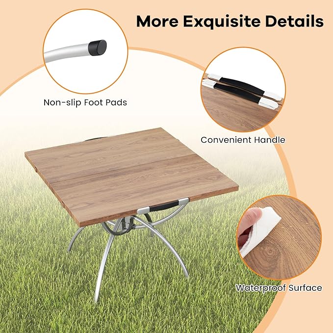 Goplus Aluminum Camping Table 2 PCS Folding Picnic Tables w/Extendable Design Wood-Grain Tabletop Carrying Bag Non-Slip Foot Pads Portable Beach Table for Camp Hiking BBQ Party