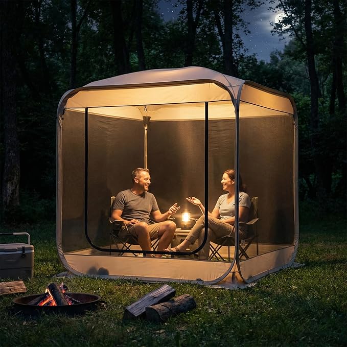TABU Pop Up Screen House Tent 6x6 FT Screen Room Canopy with Mosquito Mesh Instant UV Resistant Shelter with Carry Bag for 2-4 Person Backyard Sports Hiking Beige