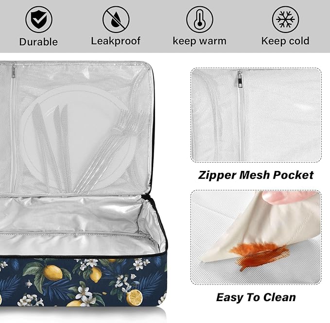 Casserole Carrier Pattern Lemons and FlowersInsulated Casserole Carrier for Hot or Cold Food Thermal Lunch Tote for Potluck Parties Picnic Beach Fits 9 x 13 Inches Baking Dish