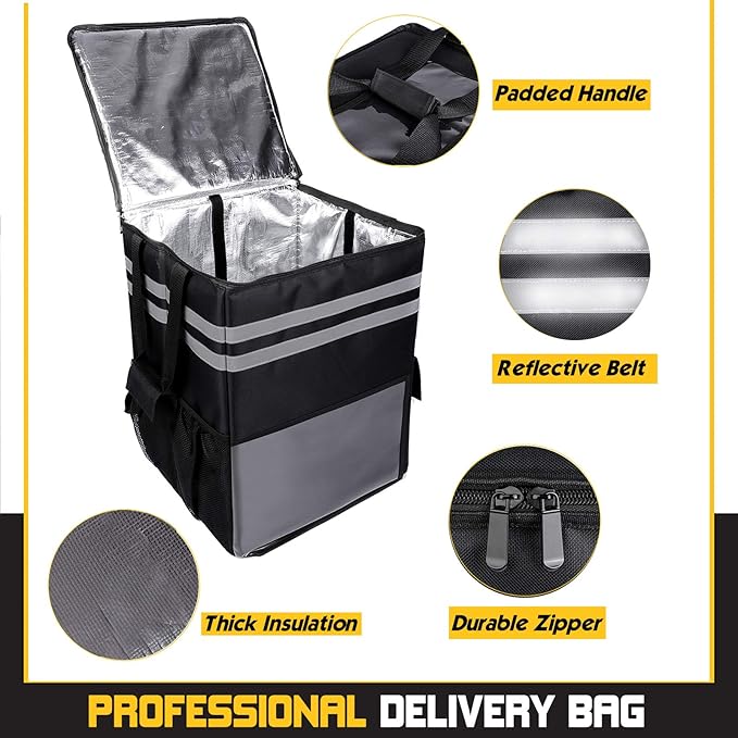 cherrboll XXL Insulated Pizza Delivery Backpack Thermal Food Delivery Bag with 3 Dividers Reusable Cooler Backpack for Bicycle Transport