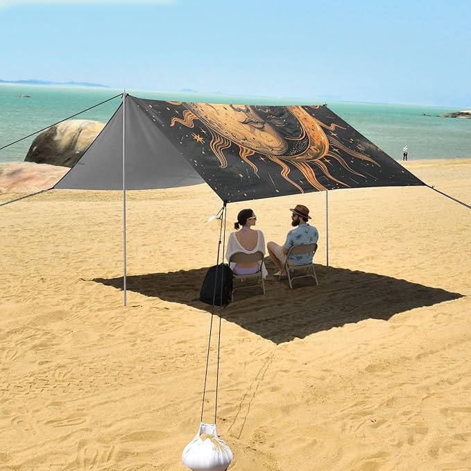 Sun &amp Moon Face Beach Tent Sun Shelter 9.2' x 10.5' Beach Canopy with 4 Sandbags 4 Stability Poles Sand Shovels - Tent Canopy for Beach Camping Fishing Picnics