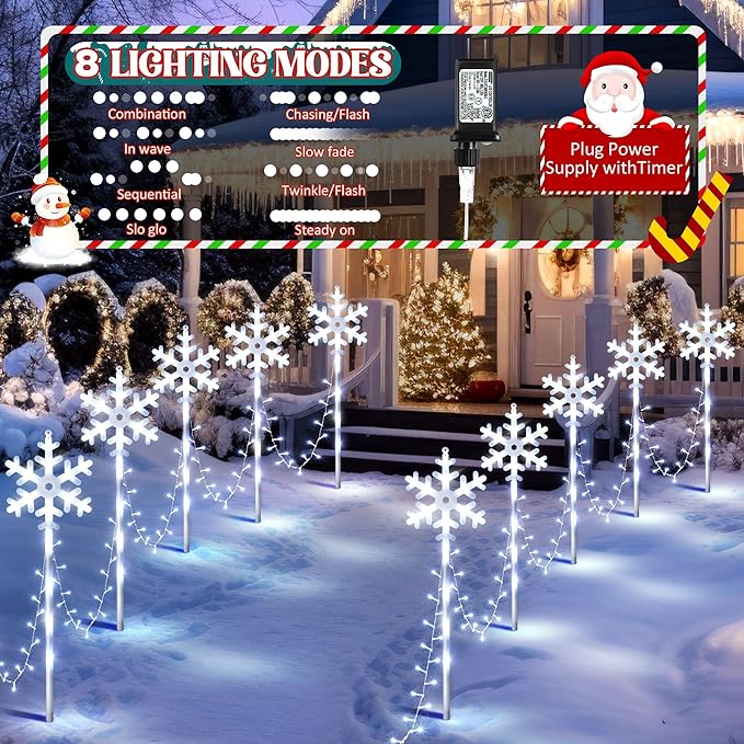 10 Pcs Christmas Snowflake Pathway Stake Lights for Outdoor Yard 370 Bright LEDs Waterproof Large Christmas Snowflake Light Decoration for Garden Lawn Driveway Walkway Decor(Cool White)