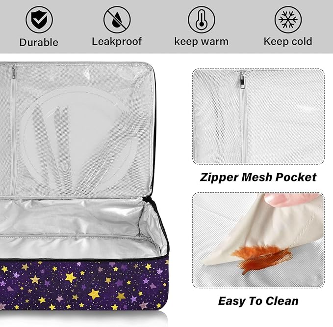 Casserole Carrier Stars Purple and YellowInsulated Casserole Carrier for Hot or Cold Food Thermal Lunch Tote for Potluck Parties Picnic Beach Fits 9 x 13 Inches Baking Dish