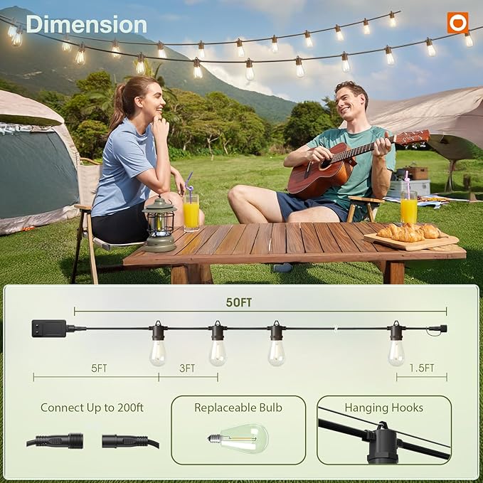 addlon 50FT LED Outdoor String Lights Remote Dimmable Patio Lights with Timer &amp 3 Lighting Modes 16 Shatterproof Edison Bulbs Waterproof Connectable String Lights for Outside Backyard Party Déc
