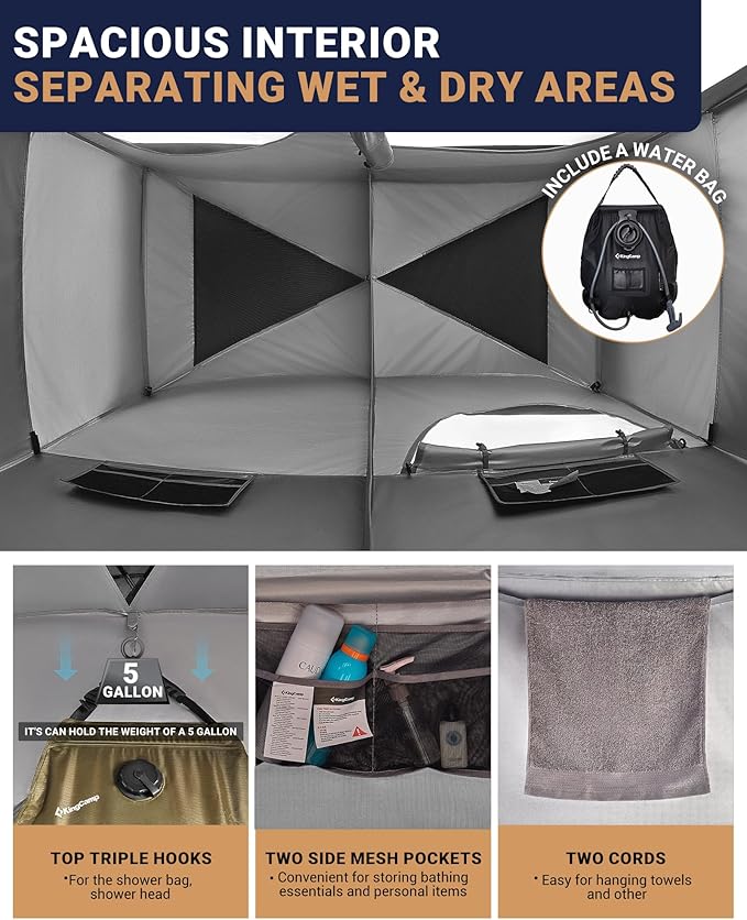 KingCamp Camping Shower Tent Portable Outdoor Privacy Toilet &amp Changing Tent Windproof &amp Waterproof Easy Setup 1 or 2 Room Shelter with Shower Bag for Camping Hiking Beach