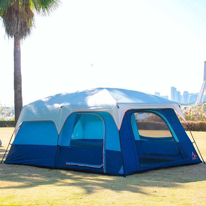 KTT Extra Large Tent 10-12-14 Person(Style-B)Family Cabin Tents2 Rooms3 Doors and 3 Windows with MeshStraight WallWaterproofDouble LayerBig Tent for OutdoorPicnicCampingFamily Gathering