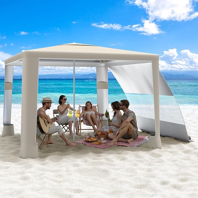 MoKo Beach Cabana 8'×8' Large Beach Canopy with Side Wall UPF 50+ Protection Easy Setup Beach Tent Sun Shelter Adjustable Height Wind Resistant Cabana Beach Tent for Whole Family Khaki