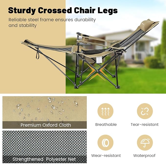GYMAX Camping Chair Adjustable Reclining Lounge Chair w/Removable Footrest Padded Pillow Cup Holder &amp Side Pocket Folding Camping Mesh Chair w/Carry Bag for Outdoor Patio Lakeside (2 Khaki)