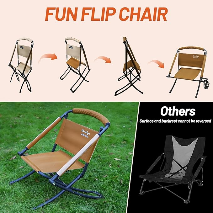 Folding Chair Double-Side Seat Camping Chair Usable On Both Sides One Chair Two Heights Carbon Steel Portable Foldable with Cup Holder for Camp Beach Picnic Patio Sports Brown Beige