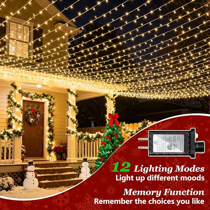 750 LED 240FT Christmas String Lights Outdoor with 12 Lighting Modes Green Wire Christmas Lights with Timer &amp Dimmable Waterproof Plug in Fairy Lights for Room Party Home Patio Xmas Warm White