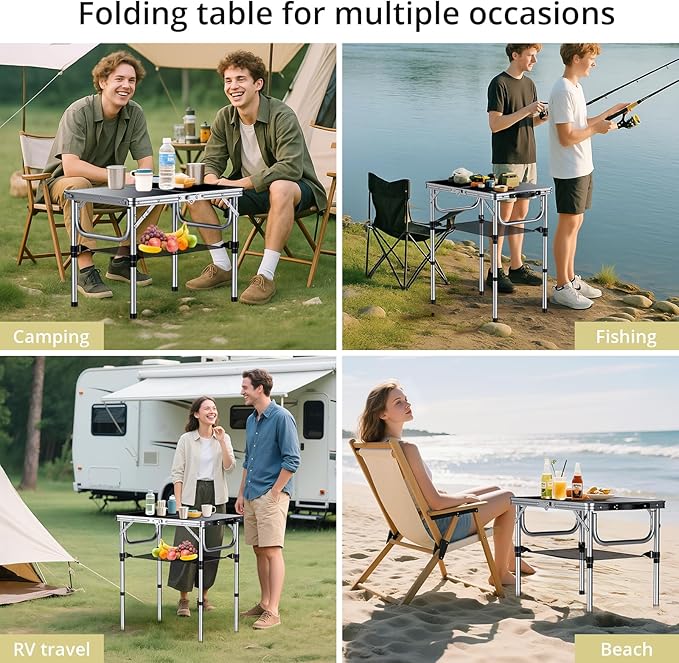 Anbte 2ft Folding Camping Table with Storage Net 3 Adjustable Heights Small Folding Table Portable &amp Lightweight with Carry Handle for Camping Fishing Picnic Beach Outdoor 22.8x 15.7 Silver