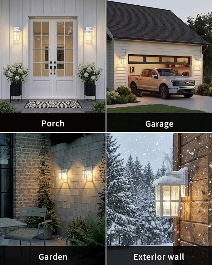 KDG Outdoor Waterproof Patio Wall Light Fixtures Set of 2 White E26 Socket Exterior Lanterns with Tempered Glass Modern Wall Mounted Lamp Suitable for Home Front Door Garden Garage Porch