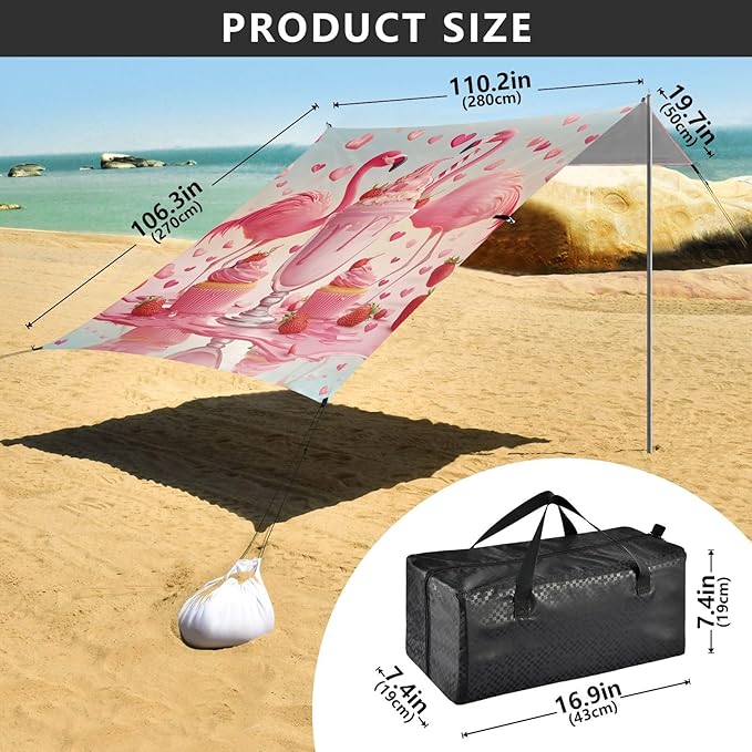 Bolaz Beach Canopy Tent Sun Shade9'×10.5' Large Family Beach Shade UPF50+- Outdoor Shade for Camping Trips FishingFlamingo Icecream