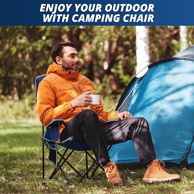 Mesh Folding Camping Chairs Oversized Portable Outdoor Chairs Weight Capacity 325 lbs with Cup Holder Storage Pocket Carry Bag Blue