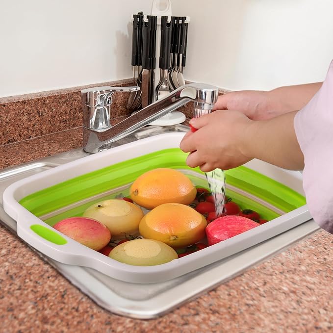 2 Pack Collapsible Cutting Board Foldable Dish Tub with Draining Hole Portable Chopping Board with Colander 3 in 1 Multifunction Camping Sink for Washing Dish Bowl Vegetables and Fruit