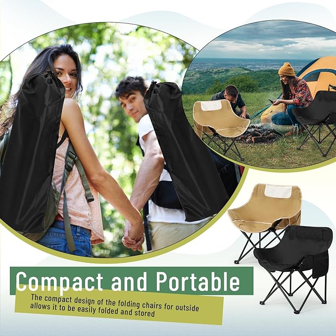 2 Pack Compact Camping Chairs Portable Folding for Outside with Carry Bag Lightweight Moon Chairs for Travel Picnic Hiking Beach Fishing 600D Oxford Supports 330lbs(Khaki Black)