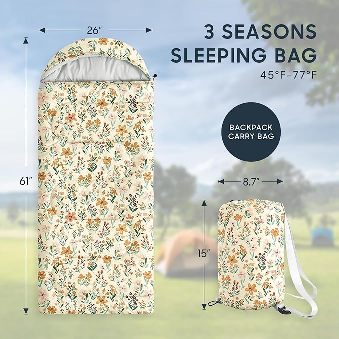 Wake In Cloud - Kids Sleeping Bag for Girls Toddlers Camping in Warm Cold Weather Backpacking Lightweight Compact Outdoor Liner for 3 Seasons Summer Spring Fall Flowers Orange Cream