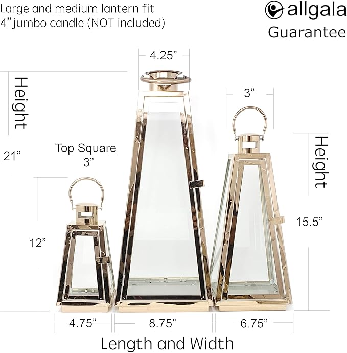 allgala Lantern Jumbo Deluxe Modern Indoor/Outdoor Candle Stainless Steel Rectangular Frame with Lattice Grid Tempered Glass for Garden Poolside Fireplace Wedding (Pack of 3 24 Inch Rose Gold)