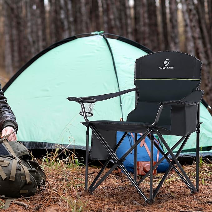 GREEN PARTY Oversized Folding Camping Chairs High Back Heavy Duty Padded Lawn Chair for Adults Support up to 450lbs with Cup Holder Side Pocket Cooler Bag Green