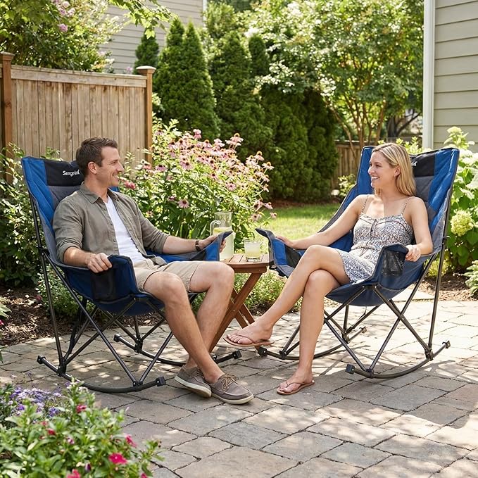 SUNNYFEEL Rocking Camping Chair Fully Padded Patio Folding Chair Portable Oversized Outdoor Rocker High Back Lawn Recliner with Side Pocket Camp Rocker Chairs for Adults Heavy Duty 500 LBS Blue