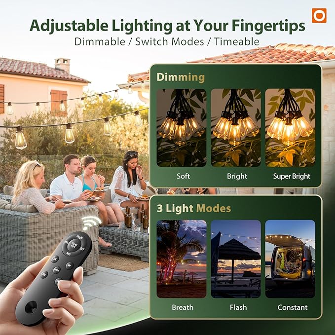 addlon 102FT(96+6) Solar String Lights Outdoor with Remote 48 LED Dimmable Waterproof Patio Hanging Lights (2FT Bulb Spacing) Long-Lasting Solar Light for Outside Yard Backyard Garden Camping