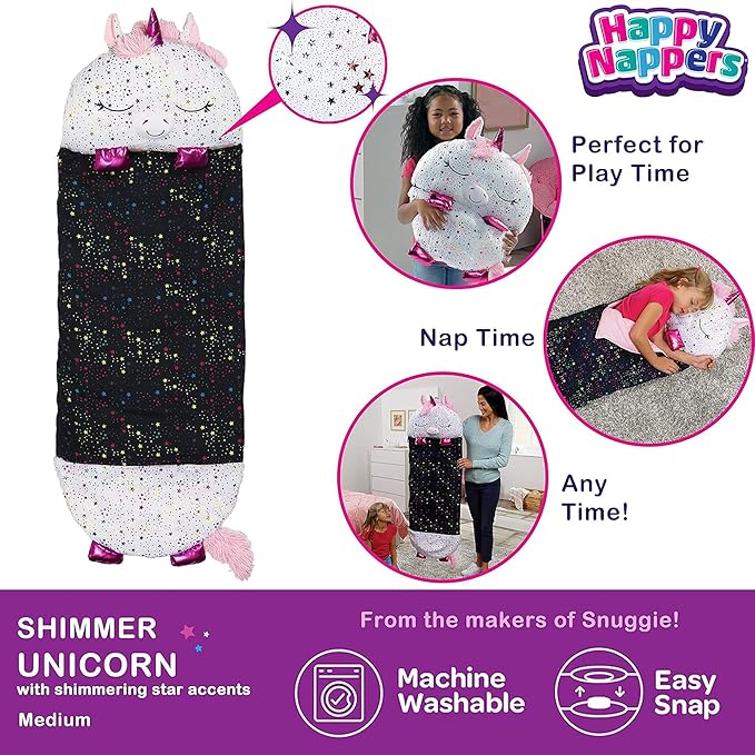 Happy Nappers Pillow &amp Sleepy Sack- Comfy Cozy Compact Super Soft Warm All Season Sleeping Bag with Pillow- Medium 54” x 20” Shimmer Unicorn