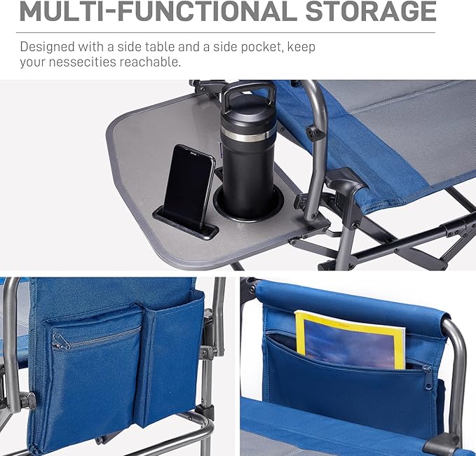 EVER ADVANCED Camping Directors' Chair with Side Table Portable Folding with Compact Size Heavy Duty Lawn Chair with Pocket for Camping Lawn Sports and Fishing 400lbs Blue
