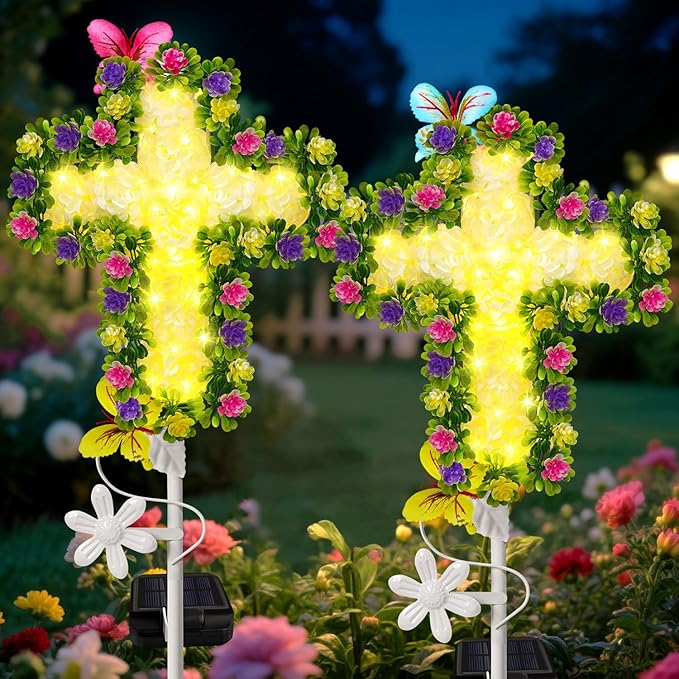 2 Pack Solar Flower Cross for Cemetery Grave Grave Decorations for Cemetery Solar Crosses Sympathy Memorial Gifts for Garden Lawn Yard Patio Decor