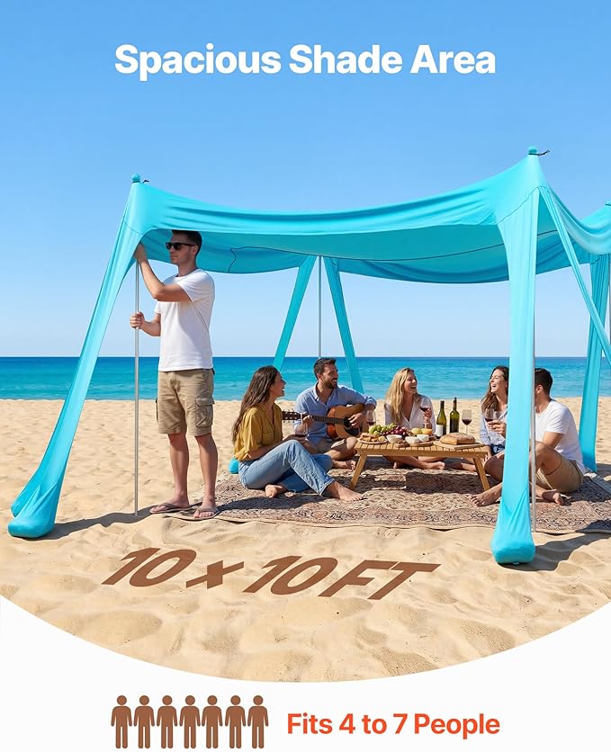 VEVOR Beach Tent Sun Shelter UPF50+ Sun Protection 6.6 ft Tall 10 x 10 ft Easy Pop Up Beach Canopy with Sandbags Stability Poles Sand Shovels Portable Shade for Family Camping Fishing Green