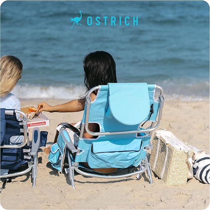 Ostrich The Deluxe Backpacker Portable Beach Chair with Cooler Bag Carry Straps Umbrella Carry System Cup Holder &amp 275lb Capacity Light Blue